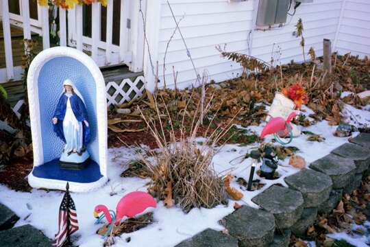 The Virgin Mary oversee a fallow winter garden.