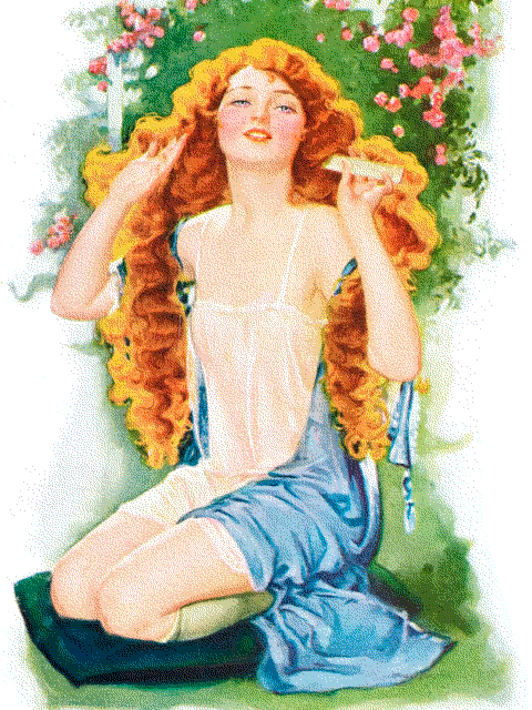 A nubile redhead combing her hair.